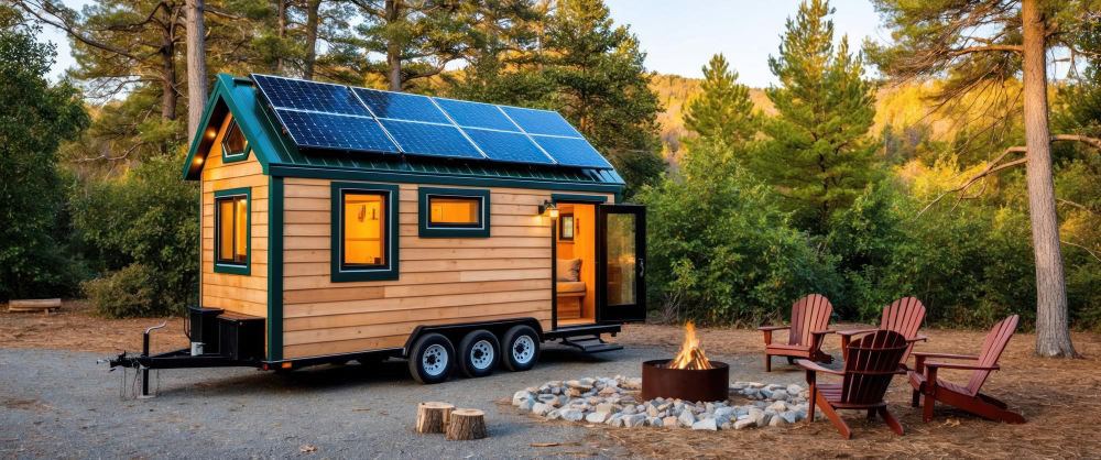 Wohnwagen Solar-Komplettanlage mit Batterie Titel, Stühle stehen vor dem Wohnmobil