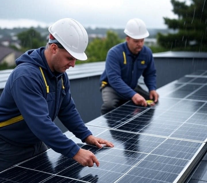 Solaranlage demontieren Titel, zwei Monteure auf den Dach, tragen weiße Helme