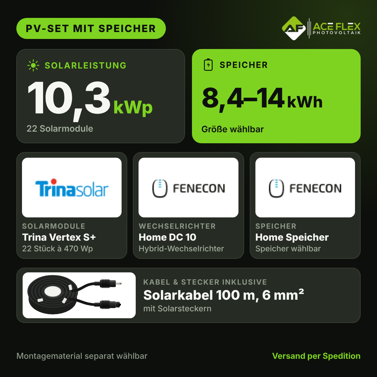 10,3 kWp Photovoltaik-Set mit Speicher | 22x Trina Vertex S+ 470 Wp + Fenecon Home DC 10, Speicher wählbar