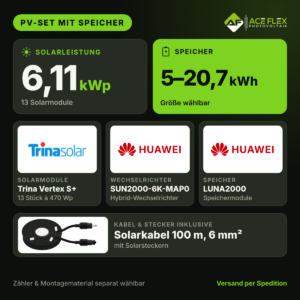 6,11 kWp PV-Set mit Speicher – 13x Trina Vertex S+ 470 Wp + Huawei SUN2000-6K-MAP0 + LUNA2000, Speicher wählbar