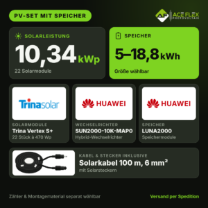 10,34 kWp PV-Set mit Speicher – 22x Trina Vertex S+ 470 Wp + Huawei SUN2000-10K-MAP0 + LUNA2000, Speicher wählbar