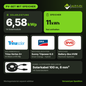 6,58 kWp Photovoltaik-Set mit Speicher | 14x Trina Vertex S+ 470 Wp + SMA Sunny Tripower 6.0 Smart Energy + BYD Battery-Box HVM 11 kWh