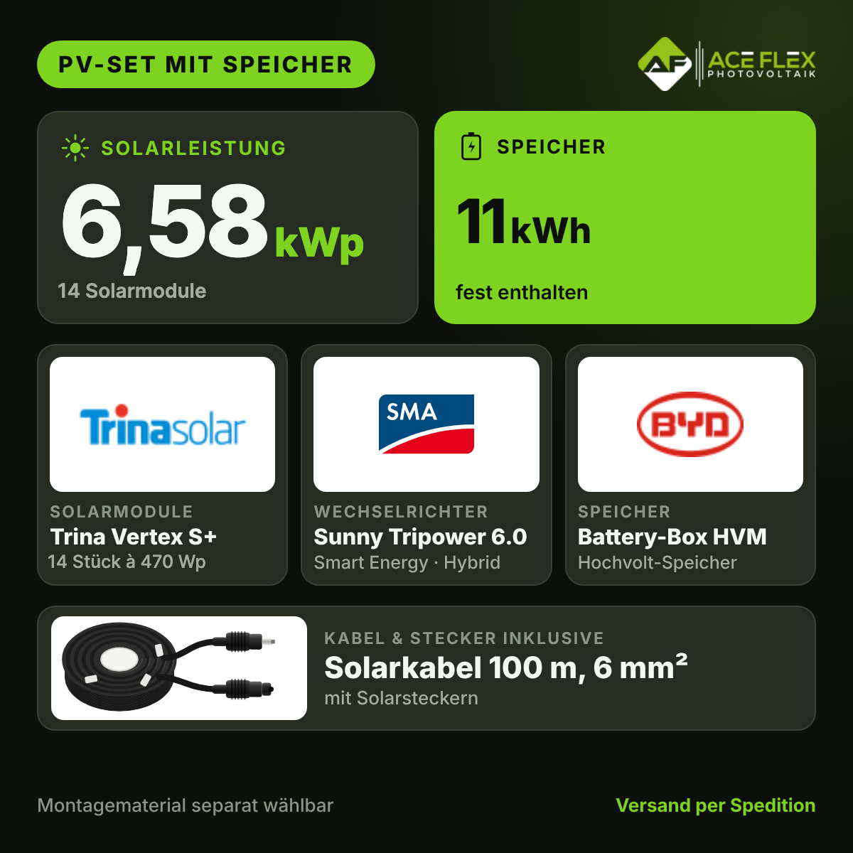 6,58 kWp Photovoltaik-Set mit Speicher | 14x Trina Vertex S+ 470 Wp + SMA Sunny Tripower 6.0 Smart Energy + BYD Battery-Box HVM 11 kWh